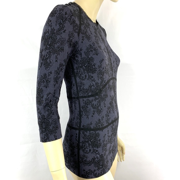 PHILIPPE MATIGNON lace prints black lavender fitted top L - Picture 10 of 11